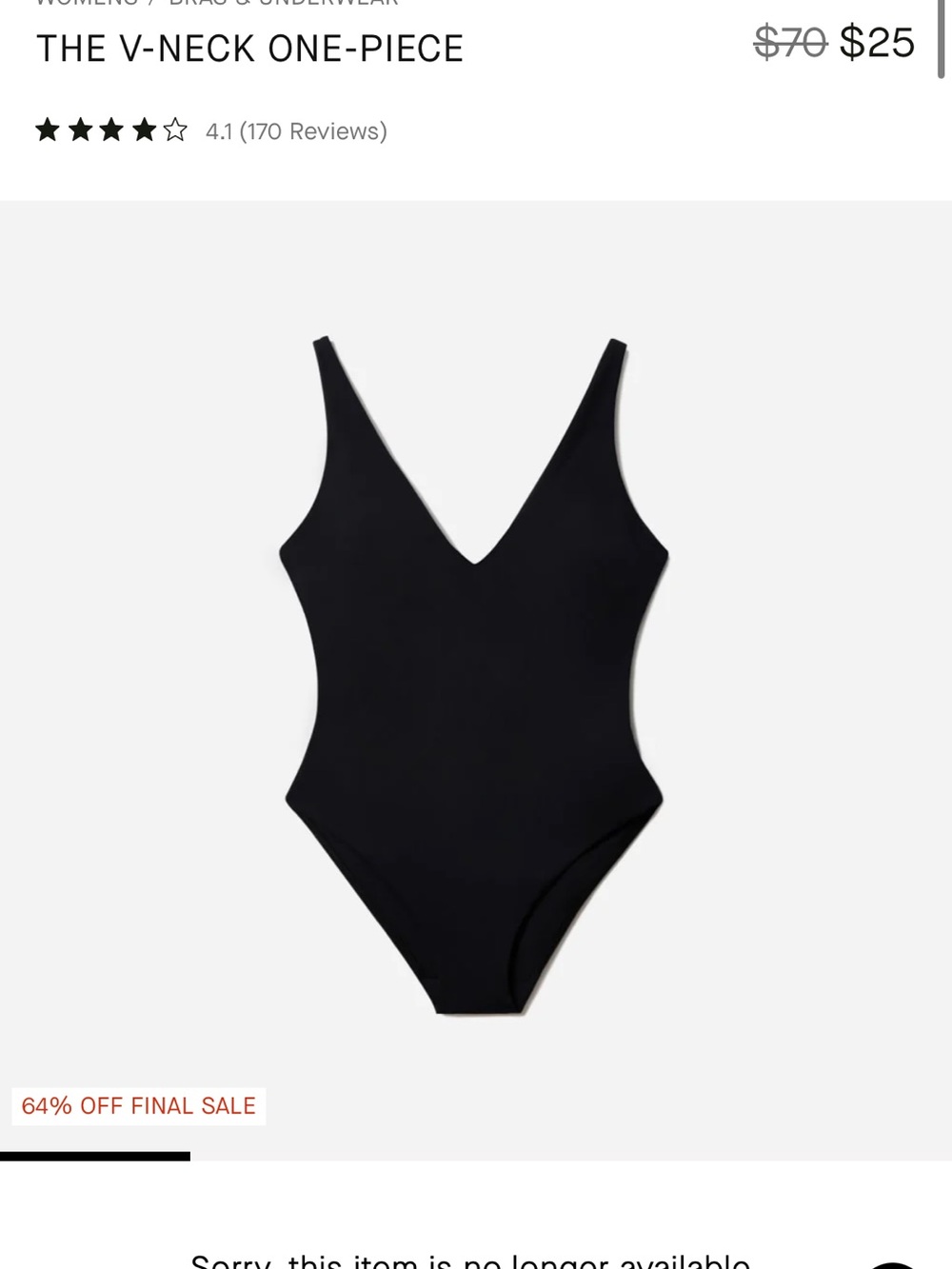 Everlane renew Black V-Neck One-Piece Swimsuit xxs